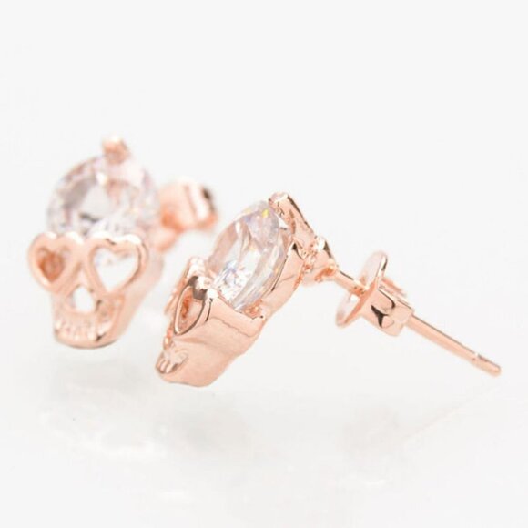 Dainty Rose Gold Tone Crystal Skull Pierced Earrings - Picture 3 of 3